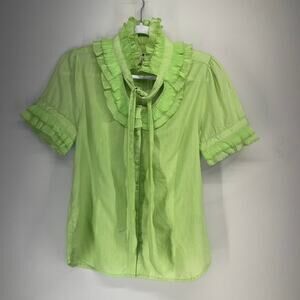 Lovestitch Blouse Womens large Lime Green Ruffle Collar Short Sleeve Y2K